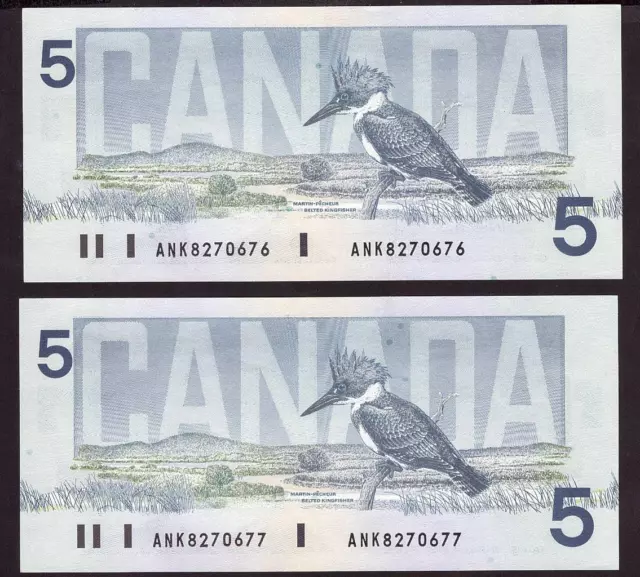 2x 1986 Canada $5 consecutive notes Knight Theissen ANK8270676-77 CH UNC