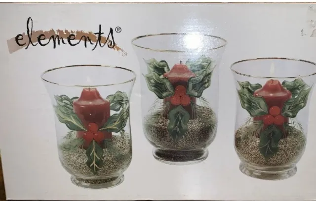 Elements Set 3 Christmas Holly Hurricane Glass Candle Holders Hand Painted