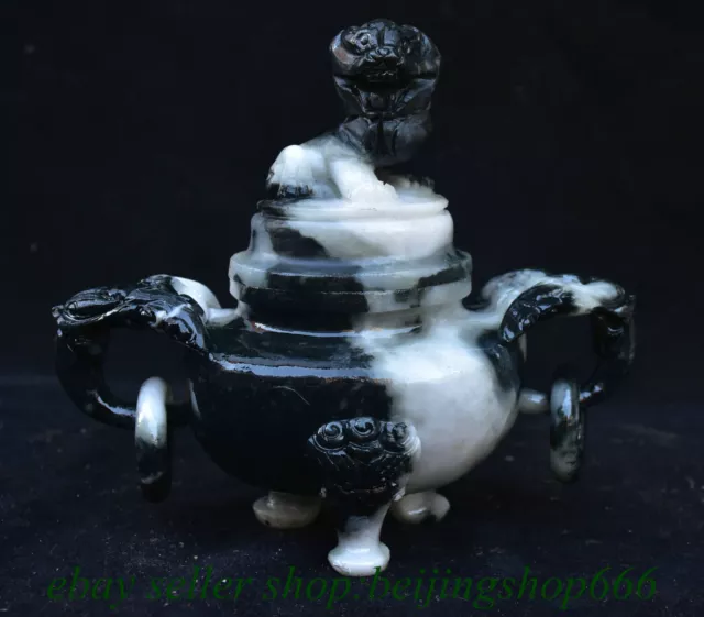 6.8" Chinese Natural Green Dushan Jade Carved Beast incense burner Censer Statue