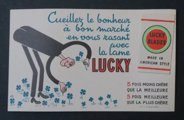 Ancien carton publicitaire LUCKY BLADES lame rasoir trèfle 4 feuilles clover