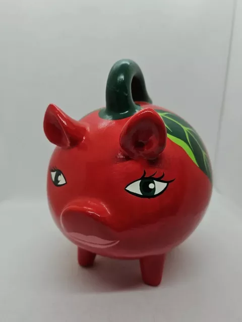 Mexican Folk Art Apple Piggy Bank Signed Pottery Bank