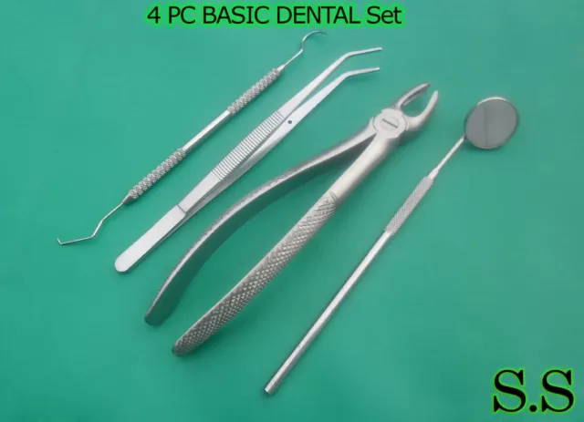 4 Pc Basic Dental Extracting Forceps  # 65R College Pliers Probe Mirror #5 Set