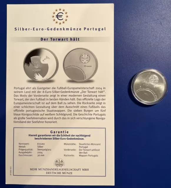8 Euro Silbermünze Portugal 2004 - Fußball-EM -"Der Torwart hält" (Schub113)