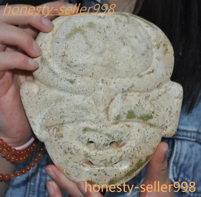 6.4'' Chinese Hongshan culture Old White Jade carved sacrifice Face Mask statue