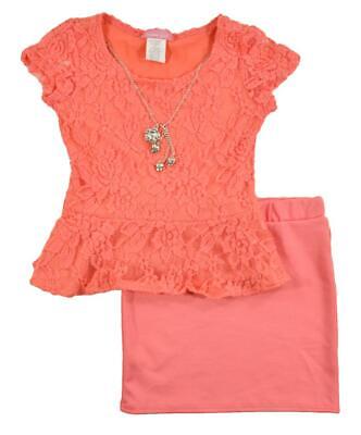 Dream Girl Girls S/S Coral Lace Peplum Shirt 2pc Skirt Set Size 4 5/6 6X