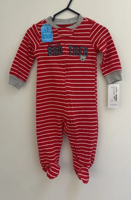 Carters Baby Boys Embroidered Little Brother Striped Sleep & Play Red NB 6M NWT