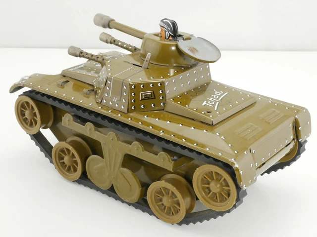 Joustra – Char Militaire Tank Tchad – Jouet Mécanique Vintage Roue Brun Clair