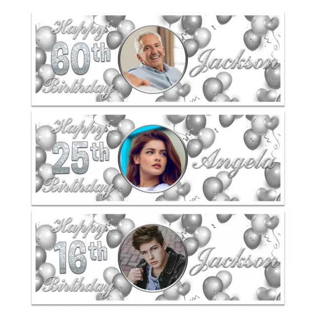 Personalised Birthday Banner Silver Add A  Photo Party Name Wall Decoration