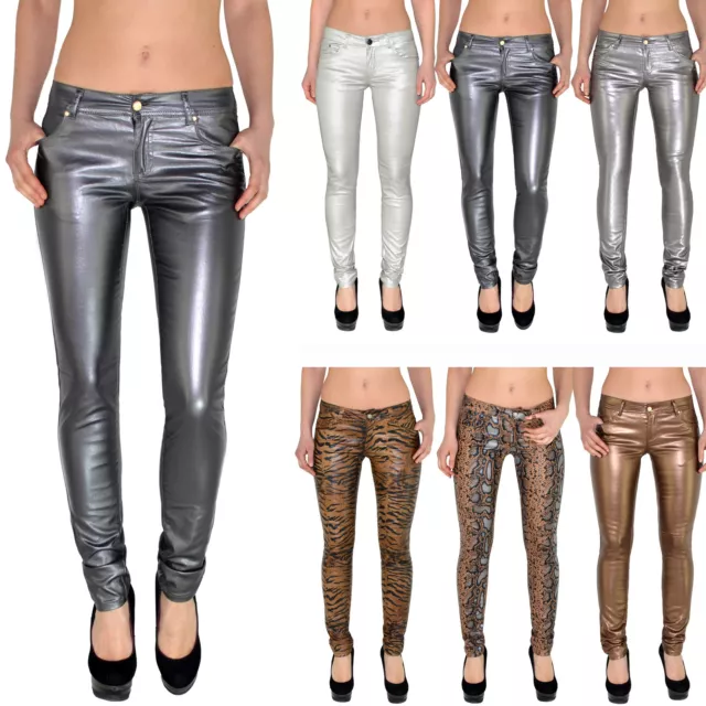 Damen  Röhrenjeans Skinny Hüftjeans Jeans Hose in Leder Optik Metalic Z44