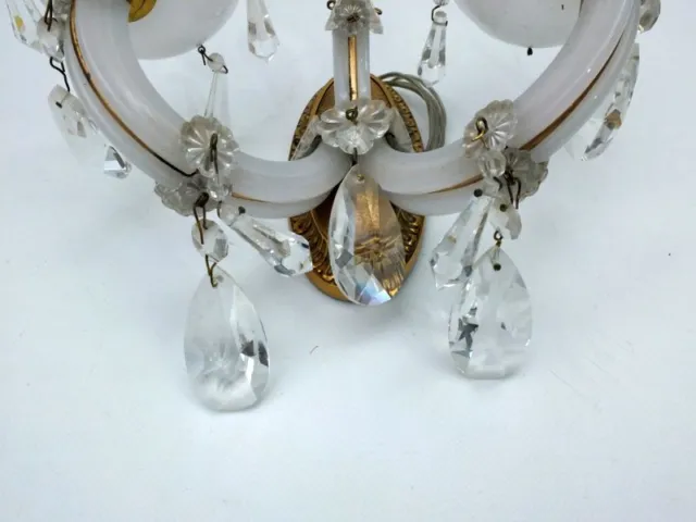 antike stilvolle Wandlampe Glas Kristallbehang Messing Applike um 1950/60 2