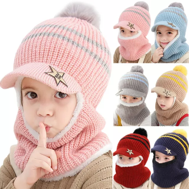 Kids Toddler Baby Winter Warm Hat Hooded Scarf Earflap Knitted Cap Girls Boys UK