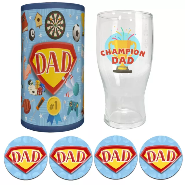 Fathers Day Pint Glass Gift Set For Dad, Step Dad - No.1 Champion Dad