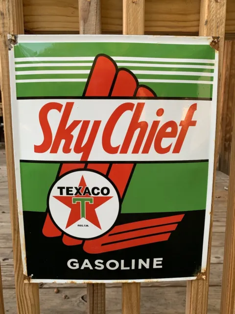 SKY CHIEF TEXACO GASOLINE SIGN Enamel Heavy Sign Garage Gas