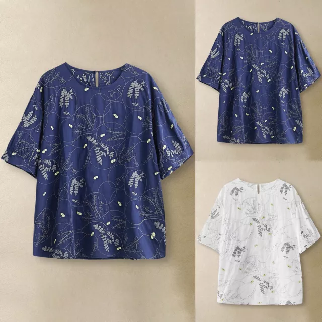 Women Vintage Floral Print Blouse Cotton Linen Short Sleeve Top Casual Loose Tee