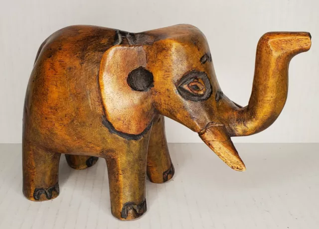 Wood Elephant Sculpture Hand Carved Wooden Figurine Lucky Statue Thailand 5"