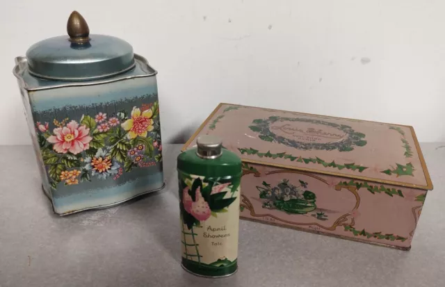 Lot 3 Vintage Tins Regal Crown Louis Sherry Candy + Cheramy April Showers Talc