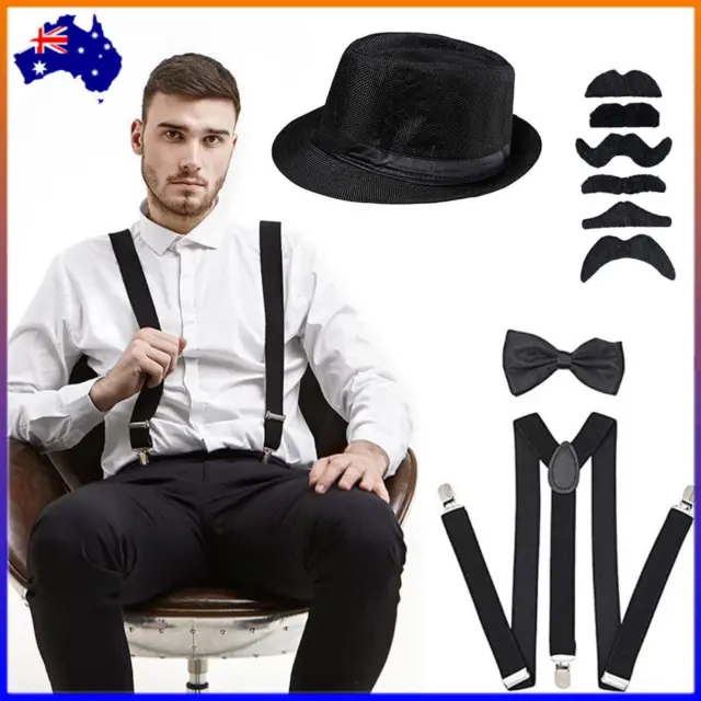 1920s Mens Gatsby Gangster Costume Accessories Set Hat Fancy Cosplay Prop Party