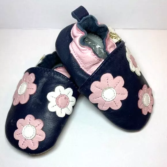 Baby Leather Slippers Shoes Floral Navy Blue & Pink Size 0-6 months Tickle Toes