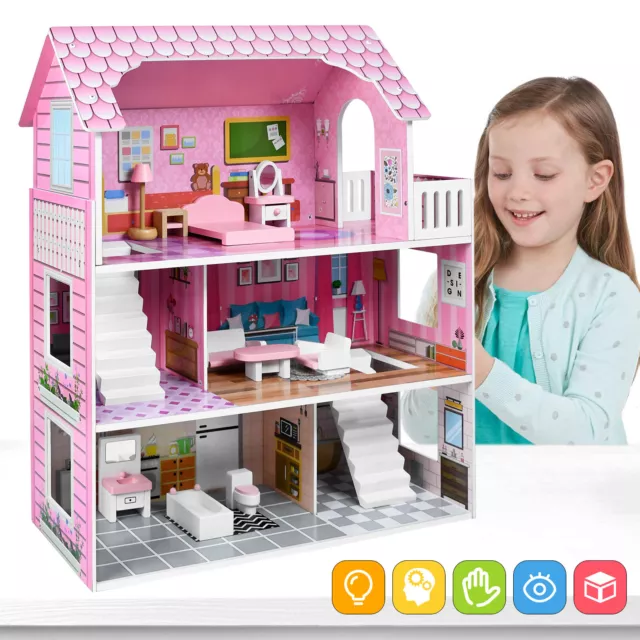 Kinder Puppenstube Puppenhaus aus Holz Dollhouse 3 Etagen mit Möbeln Spielhaus