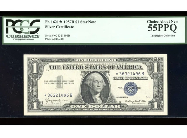 $1 1957-B Silver ⭐️STAR⭐️ *B Block Fr. 1621* PCGS 55 PPQ Serial *36321496B