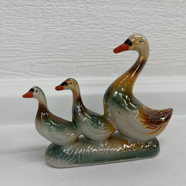 Mother Goose Family 3 Geese Lusterware Glazed Figurine Goslings 6.5"