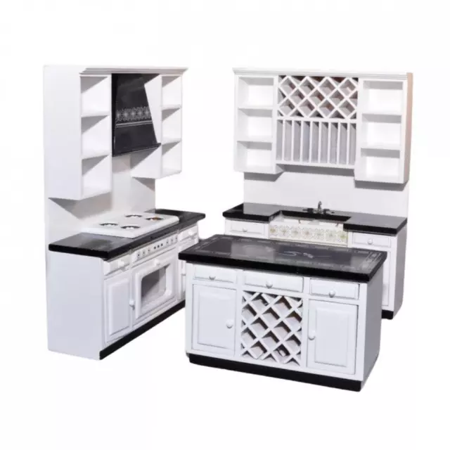 Puppenhaus Modern Schwarz & Weiß Küche Mit Island Miniatur Möbel Set