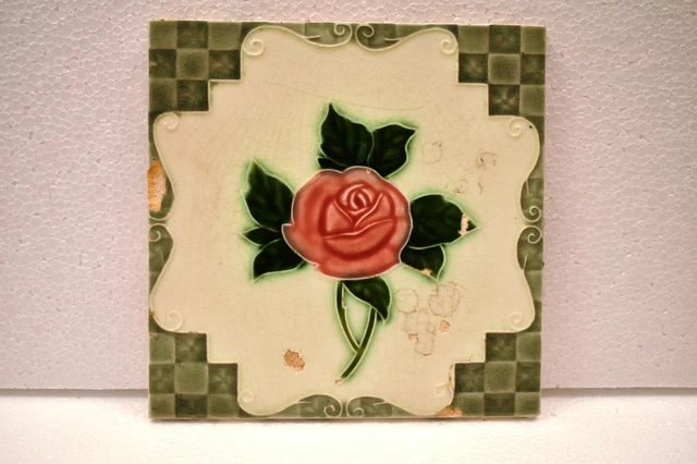 Antique Tile Japan Majolica Art Nouveau Porcelain Floral Rose Architecture "J60