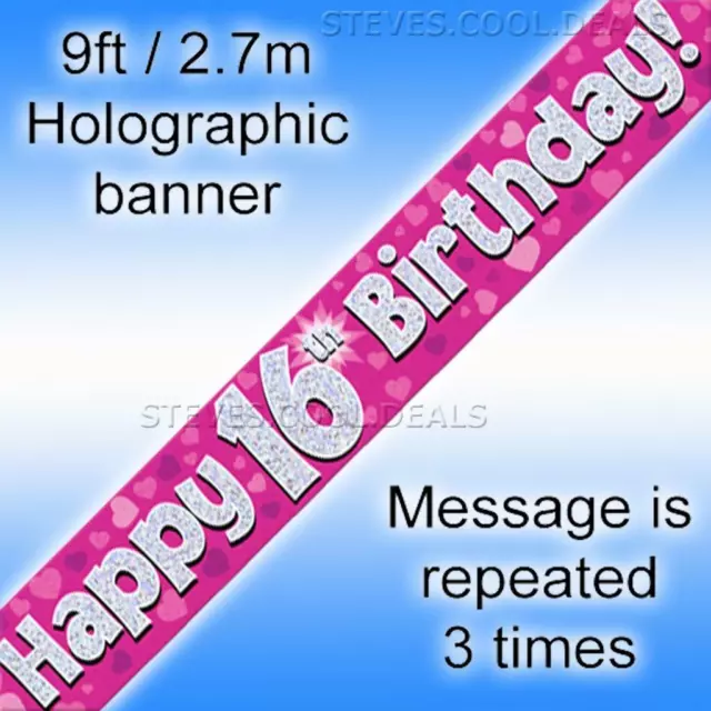 Alles Glückliche Geburtstag Alter Banner Rosa Herzen Mädchen Holographisch 9 Fuss Langes Partybanner 3