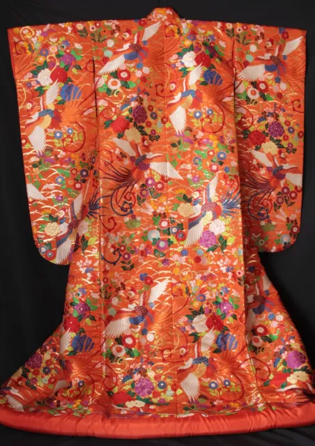 U3 Free shipping Orange Pure Silk Uchikake colorful wedding kimono Robe Japanese