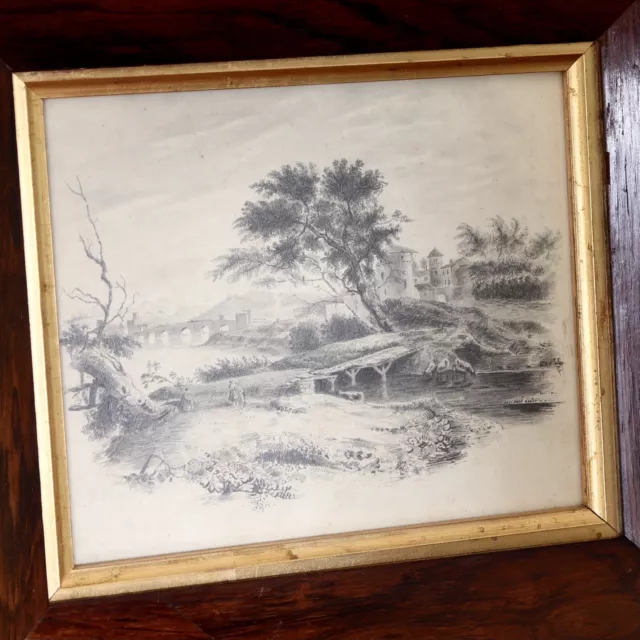 An Antique Early 19th Century Original Pencil Landscape Drawing. Framed.