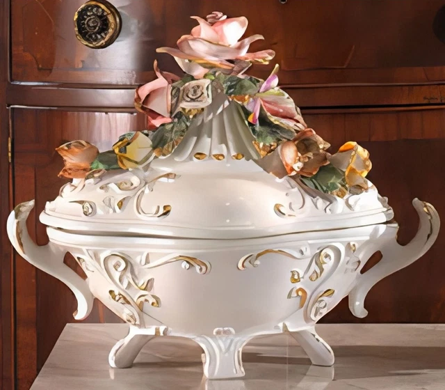 Soupière Italienne Vintage BASSANO - Style Capodimonte - Faïence à Fleurs