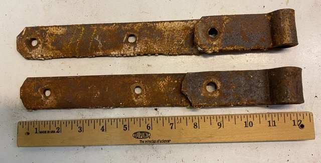 2 Vintage 12'' Farm Barn Door Gate Hand Forged Strap Hinges Great Patina Pair