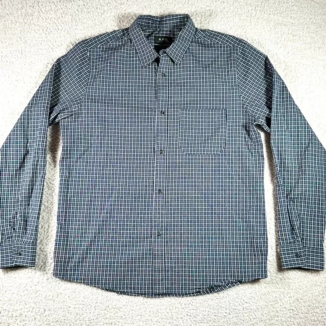 A.P.C. Mens Long Sleeve Button Shirt Size Large Blue White Check Gingham Office