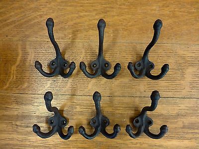 6 BROWN ANTIQUE-STYLE TRIPLE THREE COAT HOOK CAST IRON rustic wall hardware hat