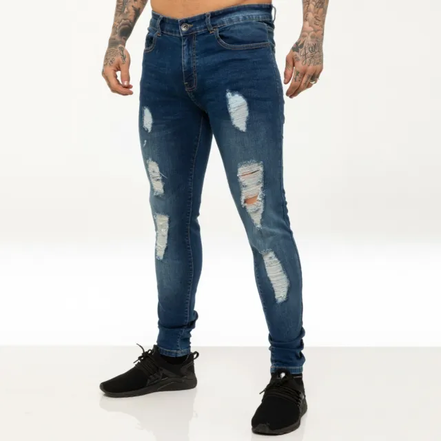 Enzo Mens Skinny Stretch Jeans Ripped Distressed Slim Fit Denim Trousers Pants