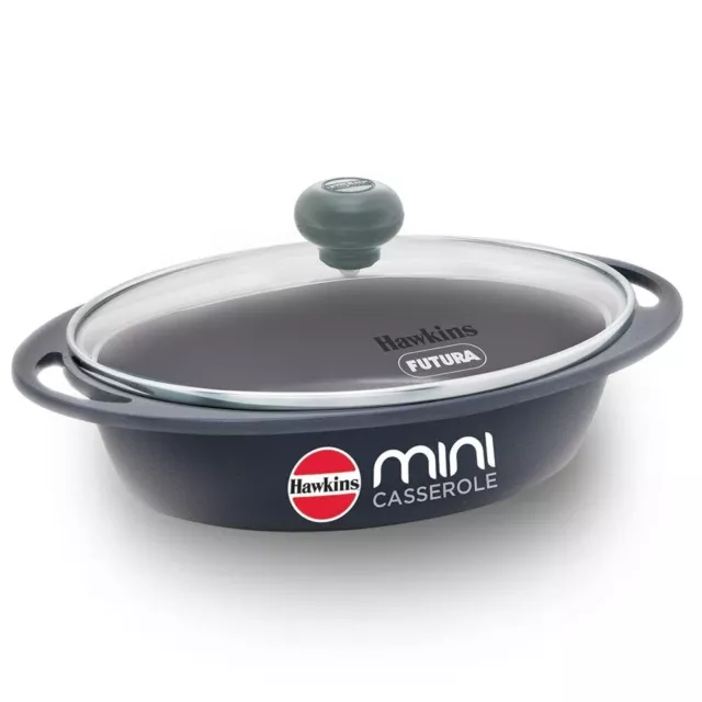 Hawkins 0.75 Litre Mini Casserole with Glass Lid, Oval Shaped Die-Cast pan for C