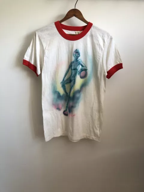 VTG 80s 90s Robotic Woman Airbrushed Ringer Shirt White Red Medium