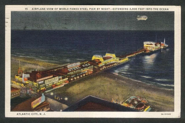 Airplane View of Steel Pier by Night Atlantic City NJ postcard 1940