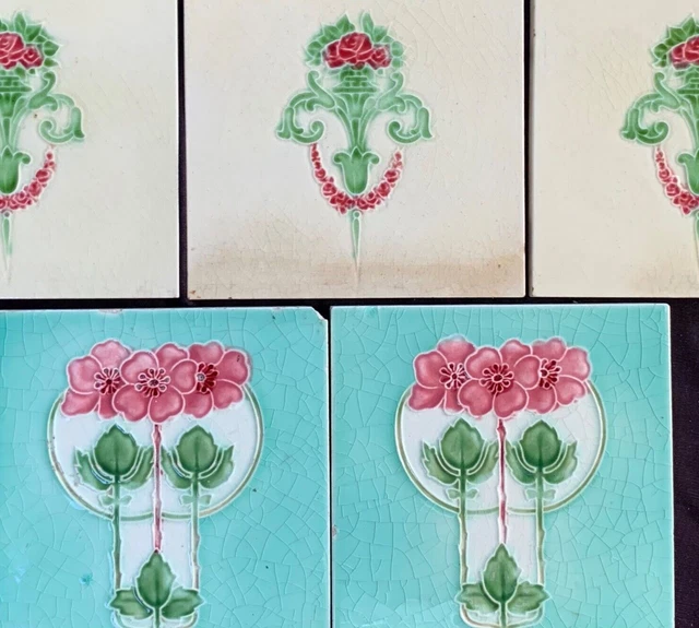 5 antique English Art Nouveau tiles 2 T & R Boote, 3 unknown mfg, all tubelined