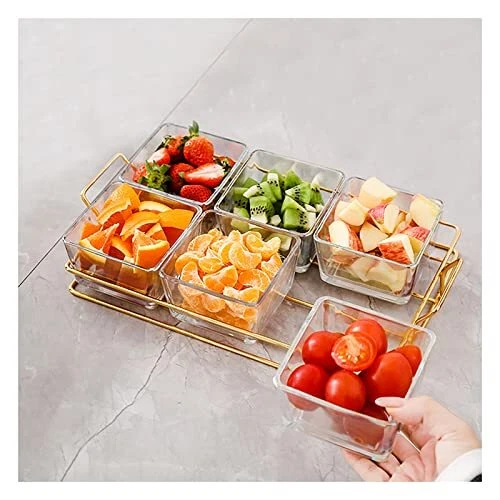 6 Clear Glass Bowls Set with Gold Metal Rack, Condiment Dishes Serving Bowls