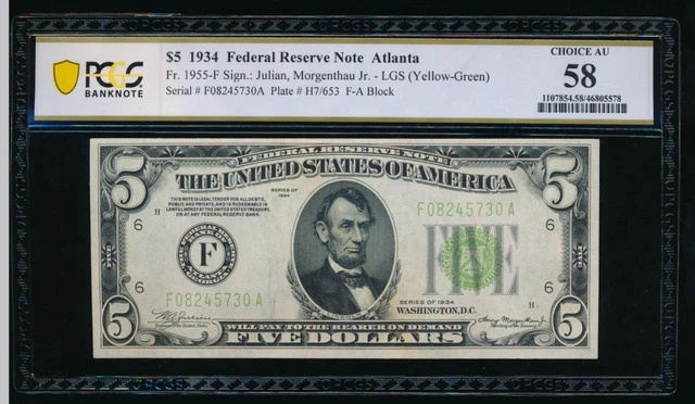 AC 1934 $5 Atlanta FRN PCGS 58 LGS Light Green Seal Fr 1955-F
