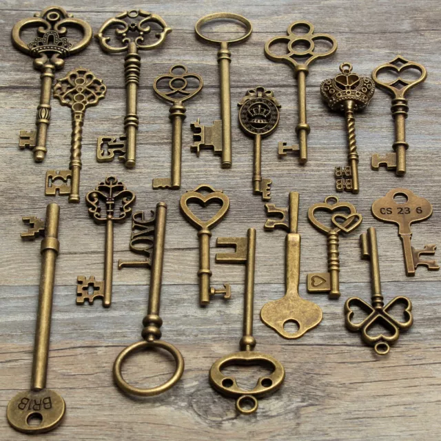 18pc Antique Vintage Old Look Bronze Skeleton Keys Fancy Heart Bow Pendant Decor