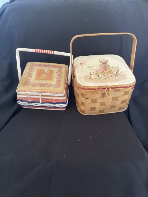 Vintage Sewing  Baskets 2 Items Platted Wicker & Plastic Wicker Holly Hobbie