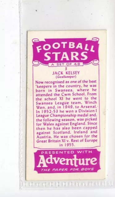 (Jd6435) THOMSON ADVENTURE,FOOTBALL STARS,JACK KELSEY,1957,#3 2