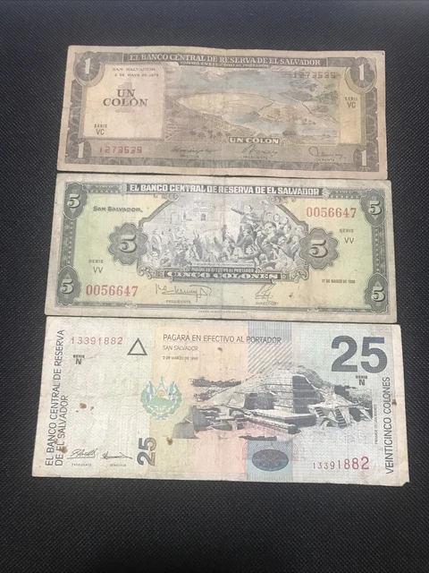 lot of 3 banknotes from El Salvador 1 colon 1979 5 colones 1988 25 colones 1998