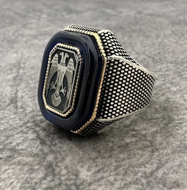 Mens American Eagle Heads Blue Amber 925 Sterling Silver Ring Signed Animal Ring