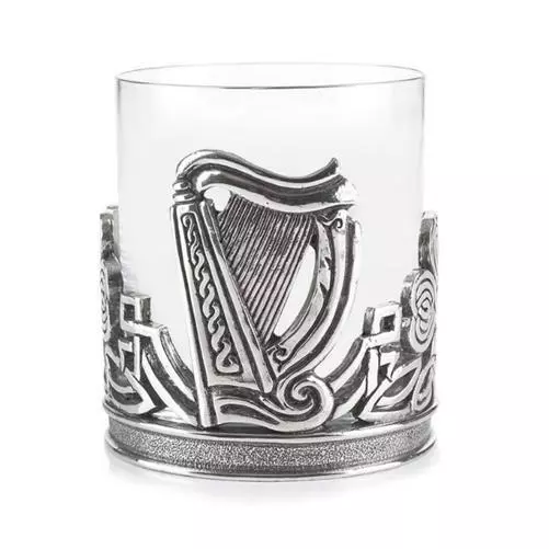 Stunning Pewter Irish Celtic Shamrock & Harp Whisky Tumbler Glass