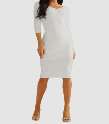 $118 Guess Women's White V-Neck Knitted Ribbed Sheath Midi Dress Size US S