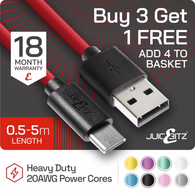 JuicEBitz® USB Type A to Type-C Charger Data Cable for Android USB-C Fast Charge