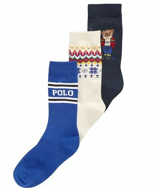 NEW Polo Ralph Lauren 4-7 Boys 3 PAIRS DRESS Socks SKI BEAR winter NAVY blue 5 6